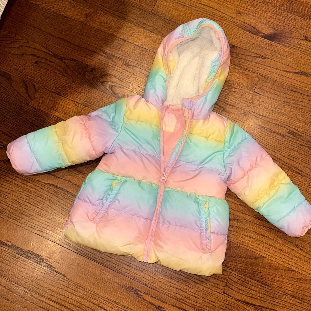 Wonder nation girls pastel rainbow puffer jacket coat hood zipper front 3T